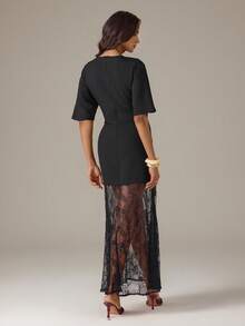 SHEIN Tall 休閒素色不對稱下擺蕾絲飾邊洋裝，百搭日常單品，適合春夏度假、夏日穿搭、春季假期、海邊穿著及外搭洋裝，黑色蕾絲洋裝 - 黑色 - 查看 2