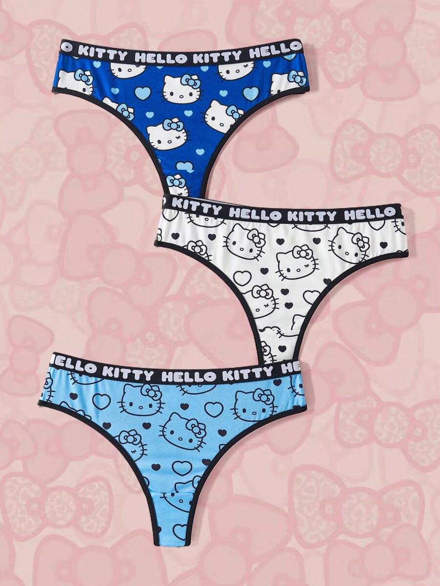 HELLO KITTY AND FRIENDS | SHEIN 女款可愛圖案字母印花丁字褲 | - 藍色 - 查看 1