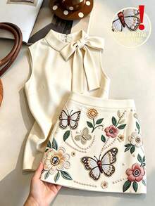SHEIN Franclia Set estivo da donna con camicia senza maniche con lacci beige elegante & minigonna a trapezio con stampa floreale a farfalla, stile delicato, fresco e versatile, per pendolarismo quotidiano, appuntamenti, viaggi - Multicolore - Visualizzare 6