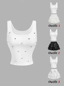 SHEIN MOD 女款棉質水鑽圓領無袖短版白色甜美性感休閒 Coquette 風背心，適合外出、夜晚、日常、情人節，春夏季穿搭 - 白色 - 查看 3