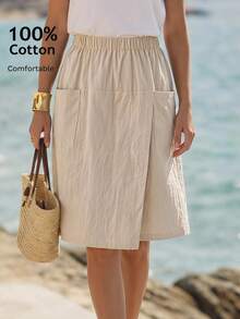 Faunlyn Women'spure Color Elastic Waist Pockets Loose Casual Culottes Summer - Apricot - View 1
