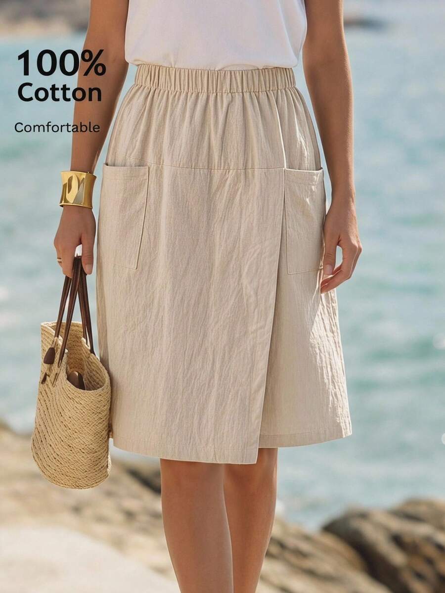 Faunlyn Women'spure Color Elastic Waist Pockets Loose Casual Culottes Summer - Apricot - View 1
