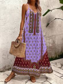 SHEIN LUNE 女款復古印花細肩帶A字版型寬鬆花卉拼接設計優雅休閒度假通勤時尚百搭早春/春夏無袖新款中長洋裝 - 彩色 - 查看 7