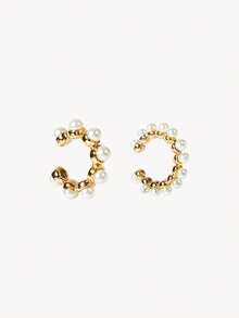 Opalesca 4pcs Exaggerated Fashion Vintage Coin Pearl Waterdrop Wide Clip-On Earrings Set, Suitable For Women, Couples, Vacation, Date, Daily, Party, Gift - Yellow Gold - View 4
