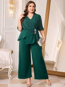 Reflora Conjunto de dos piezas de camisa y pantalones con decoración de diamantes de imitación elegante para fiesta de talla grande - Verde - Ver 5