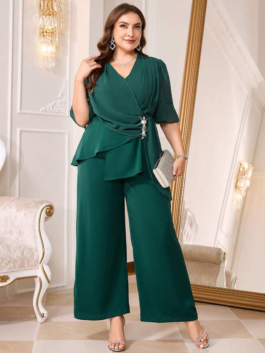 Reflora Plus Size Elegant Party Rhinestone Decor Shirt And Pants Two Pieces Set - Green - View 1