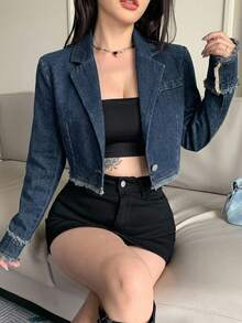 DAZY 秋季女款寬鬆休閒街頭風牛仔夾克，附口袋與毛邊下擺，Y2K風格 - 中等水洗藍 - 查看 1