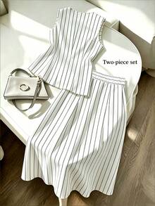 SHEIN Franclia Women's Summer Casual Commute Striped Vest & Long Pants Suit Set - White - View 2