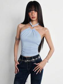 Rina Fox Women's Solid Color Halter Backless Sleeveless Fitted Ruched Fashionable Blouse Vacation Baby Blue Summer Sexy Chic Club Night - Blue - View 3
