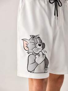 Strevion TOM & JERRY 男士宽松版汤姆和杰瑞图案字母印花休闲运动短裤，夏季款 - 白色 - 查看 6