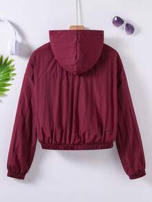 SHEIN Tween Girls Minimalist Solid Color Zipper Hooded Long Sleeve Jacket - Burgundy - View 2