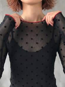 FRIFUL Women's Solid Color Round Neck Polka Dot Pattern Sheer Fashion Top - Black - View 7