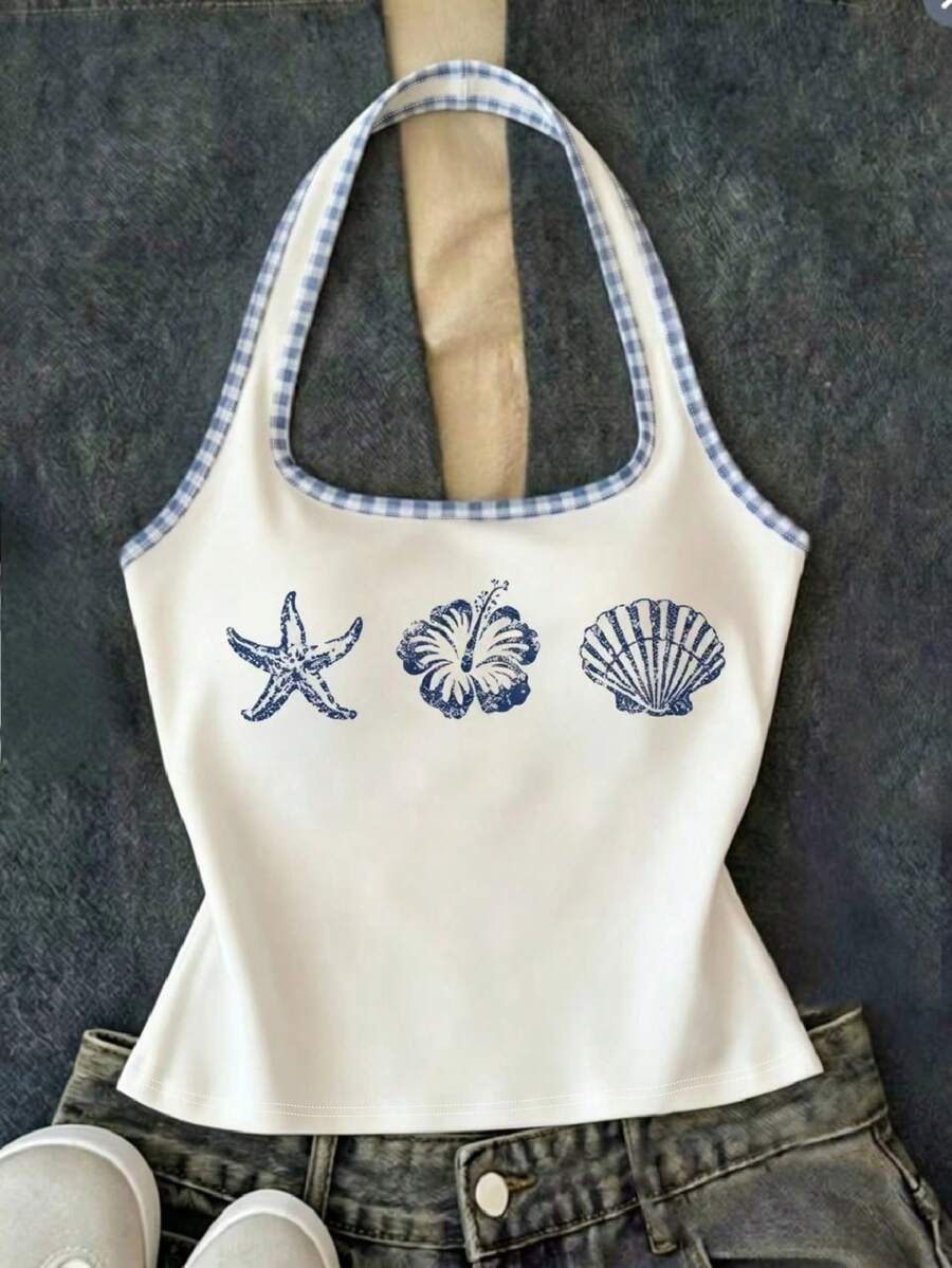SHEIN 復古度假海洋生物海星貝殼、熱帶向日葵印花圖案、藍白格紋,青少年女孩白色長款休閒掛脖背心,夏季修身背心 - 彩色 - 查看 1