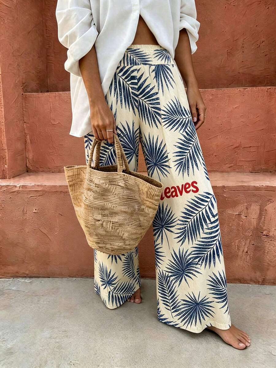 Flora Isola Flora Isola Women's Casual Vacation Apricot Base Big Fish Print Waist Drawstring Design Wide Leg Pants, Spring/Summer - Multicolor - View 1