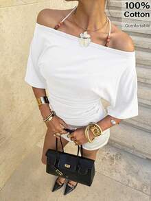 Siren Gaze 女款珠飾掛脖式抓皺腰身T恤 - 白色 - 查看 3