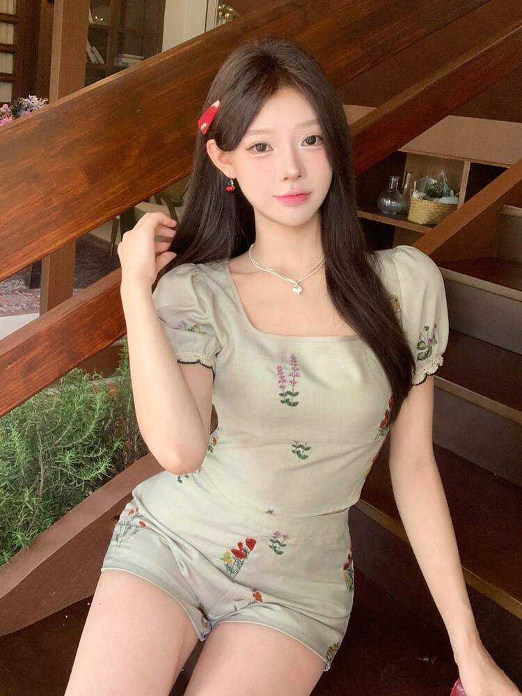 Spring/Summer Floral Plant Print Preppy Style Back To School Wedding Banquet Elegant Short Shirt & Shorts 2pcs Set For Women