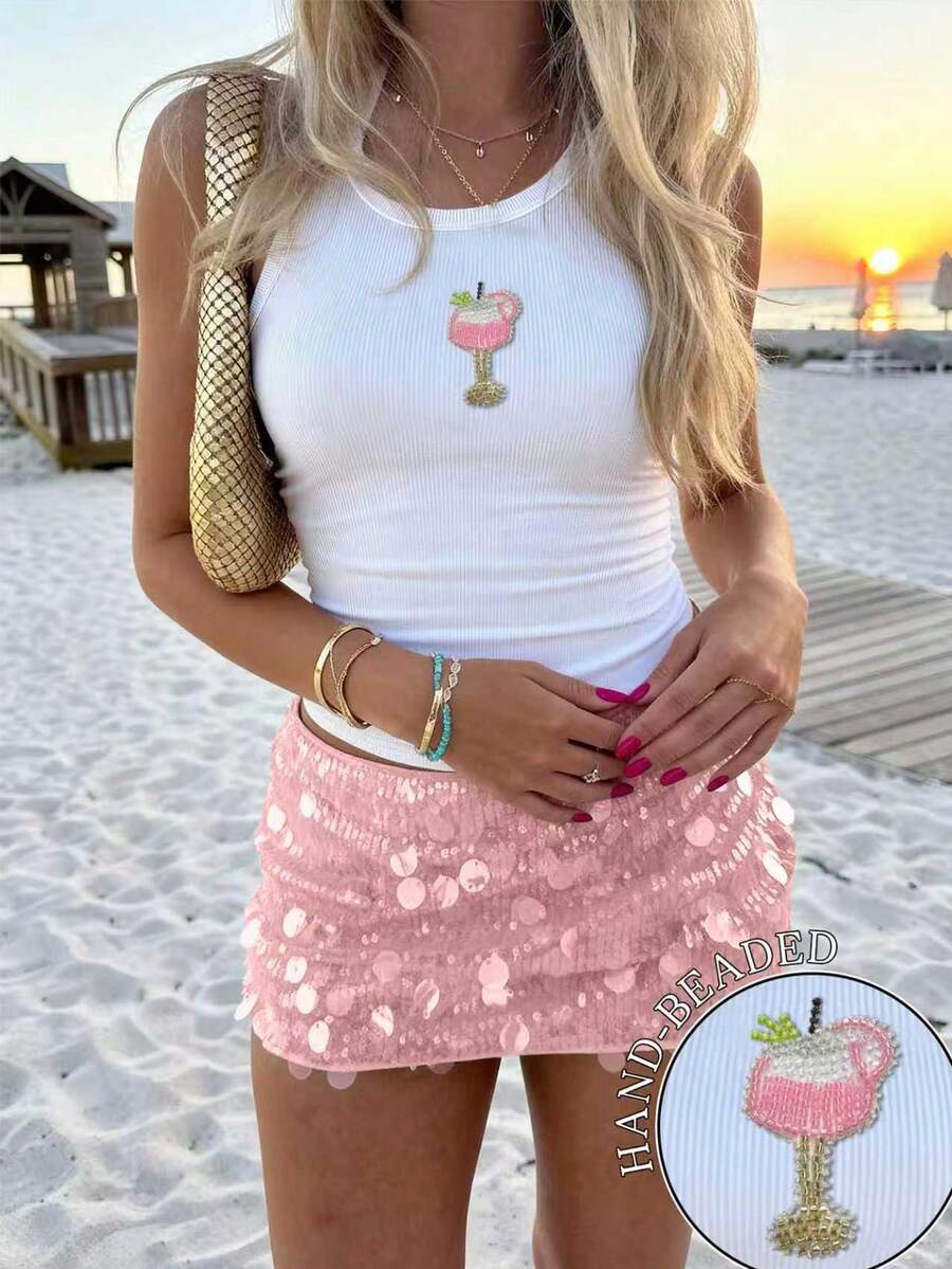 INAWLY Top casual ajustado con cuello redondo, estampado de copa de vino y fruncido para mujer - Blanco - Ver 1