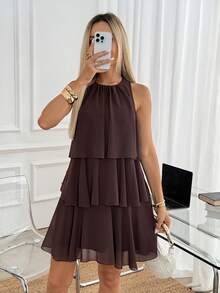 Easowa Vestido corto de mujer con cuello redondo, volantes multicapa, línea A, de gasa transparente y fluido, sin mangas, estilo casual relajado y elegante, estilo Old Money, para ir al trabajo y vacaciones, primavera y verano - Marrón Chocolate - Ver 5