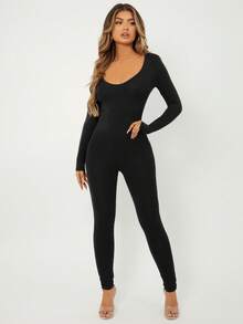 SHEIN SXY Spring Scoop Neck Black Long Sleeve Bodysuit Jumpsuit - Black - View 6