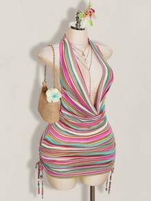SHEIN ICON Vestido halter sexy con cuello de volantes a rayas para mujer de talla grande - Multicolor - Ver 6