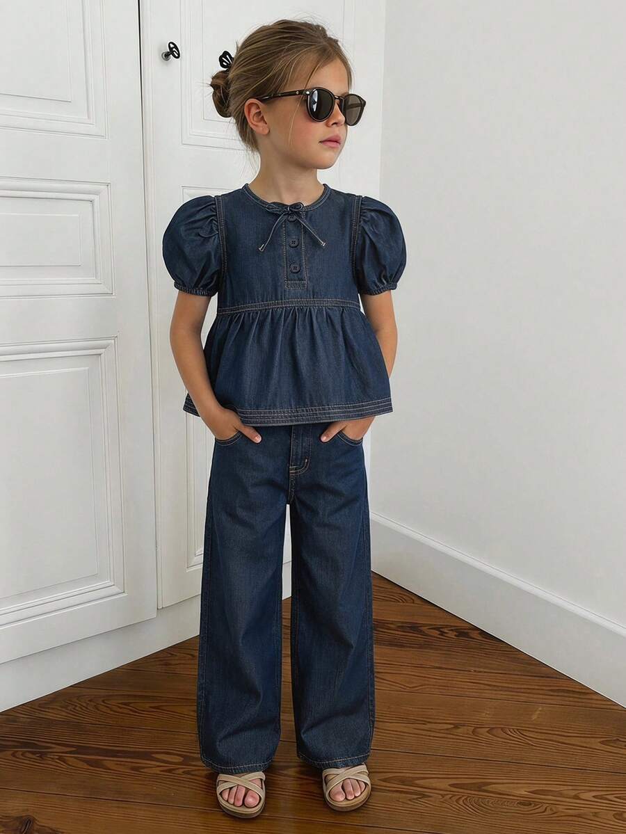 Hapijoa Young Girl Short Puff Sleeve Bow Decor Top And Pants Denim Set Fall - Navy Blue - View 1
