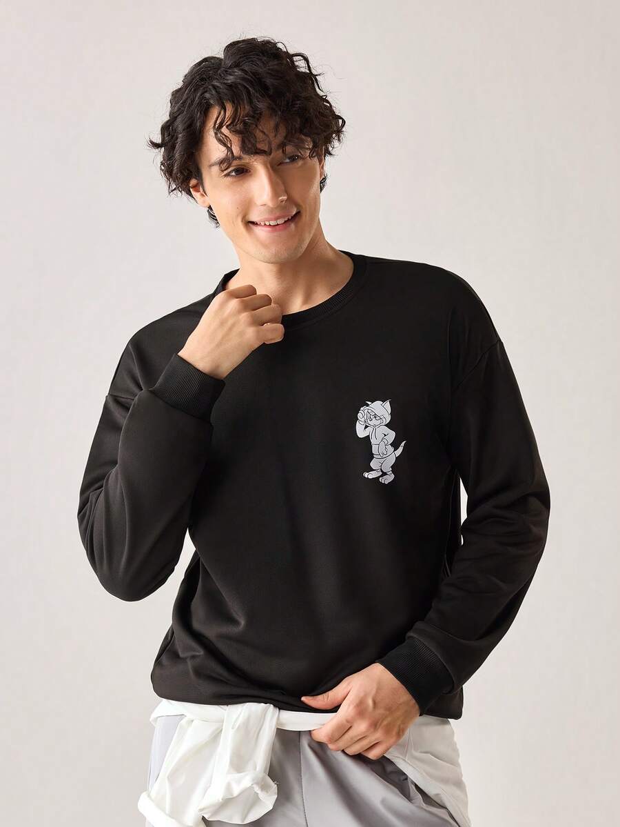 Strevion TOM & JERRY 男士休闲通勤汤姆和杰瑞图案印花字母刺绣圆领长袖修身卫衣,春秋季 - 黑色 - 查看 1