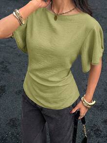 Siren Gaze Women's Textured Solid Color Casual Cinched Waist Pleated Short Sleeve Shirt - Mustard Yellow - View 1