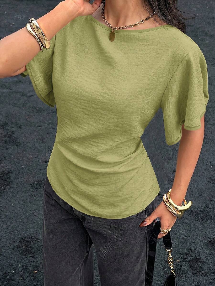 Siren Gaze Women's Textured Solid Color Casual Cinched Waist Pleated Short Sleeve Shirt - Mustard Yellow - View 1