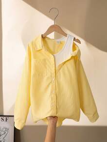 SHEIN 少女不對稱領口長袖黃色與白色垂直條紋 2-in-1 上衣，適合休閒假兩件式襯衫 - 黃色 - 查看 7