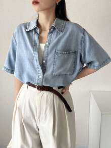 DAZY Women's Single-Breasted Casual Pocket Fashion Denim Shirt - Blue - View 2