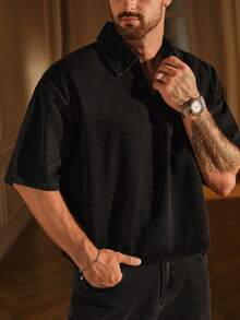 SIGLOCORE Men's Solid Color V-Neck Washed Black Short Sleeve Top - Black - View 5