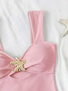 SHEIN 青少年女孩一件式泳衣，紋理布料搭配裙擺網布，適合海灘泳池休閒度假，春夏款 - 淺粉色 - 查看 4