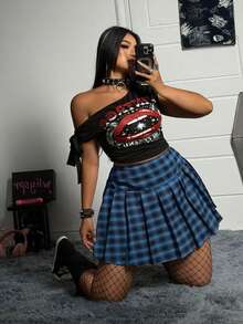 Whyspr Plus Size Spring/Summer Punk Plaid Pleated Skorts - Blue - View 3