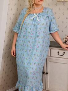 CottageSlumber Plus Size Women's Romantic Ditsy Floral Square Neck Short Sleeve Ruffle Patchwork Maxi Nightgown - Blue - View 4