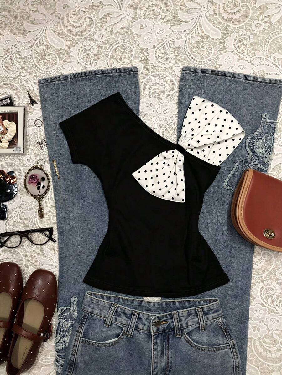 SHEIN Slim Fit Sexy One Shoulder Short Sleeve T-Shirt - Black - View 1