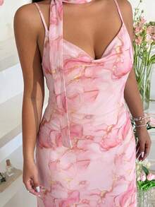 GalTyme Plus Size Women's Vacation Marble Print Ruffle Neck Elegant Draped Neck Dress Evening Tea Party Light Pink Summer - Multicolor - View 7