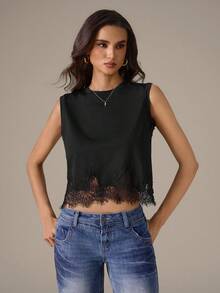 SHEIN Tall 純色蕾絲下擺拼接圓領無袖背心上衣 - 黑色 - 查看 6