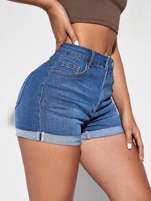SHEIN Essnce 女款口袋捲邊休閒百搭牛仔短褲 - 藍色 - 查看 3