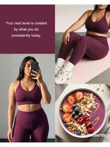 Levarali Plus Size Women Solid Color Cropped Camisole And Leggings Sports Suit Gym Sports Dark Purple Summer - Burgundy - View 3