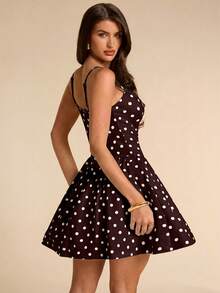 SHEIN BAE Summer Polka Dot Neckline Brown And White Polka Dot Lace Patchwork A-Line Mini Puff Dress, Wedding Going Out Bridesmaid Cocktail Party Cute - Coffee Brown - View 6