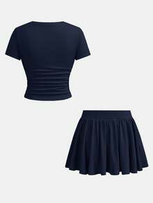 SHEIN Girlism 兒童青少年女孩夏季修身T恤與裙子兩件套，新款夏季藍色純色短袖T恤與防走光裙套裝，女孩百搭日常通勤穿搭，適合日常通勤、優雅、派對、約會、家庭聚會、畢業禮物、度假穿著 - 藏蓝色 - 查看 2