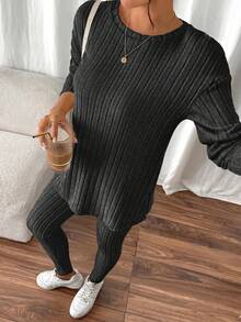 SHEIN Frenchy Setelan Santai Dua Potong Bahan Tekstur Dua Potong, Kaos Rajut Bergaris Bahu Jatuh, Warna Abu-abu Gelap, Gaya Musim Gugur Kasual - Dark Grey - View 6