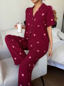 DUSKBASE 条纹爱心印花翻领短袖裤装女士睡衣套装 - 彩色 - 查看 7