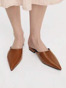 Mnmlis French Pointed Slippers, Thick Heels, Half-Tow Mullers, Patent Leather, Half-Toe Sandals. - yellowish brown - View 2