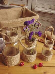 Cirelle 1pc Rustic Jute Rope Glass Flower Vase, Handmade Decorative Bottle With Handle, Farmhouse Style Table Centerpiece, 3 Sizes Available, Ideal Gift For Family And Friends For Home Decor - Hemp rope vase - View 5