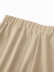 SHEIN Unity 女款素色牙籤條紋休閒百搭日常旅行寬腿長褲 - 卡其色 - 查看 5