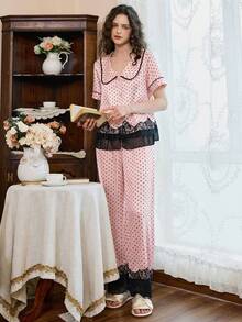 Côtesoire 蕾絲領波點緞面女款睡衣套裝 - 粉色 - 查看 5