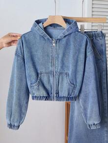 SHEIN Girls' Blue Denim Hooded Cropped Jacket - Medium Wash - View 3