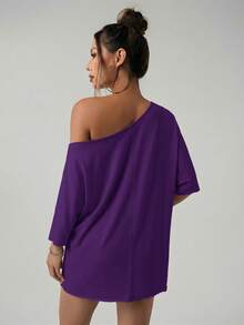 SHEIN ICON American Street Casual Style Asymmetrical Shoulder Loose Fit T-Shirt Solid Black - Purple - View 2
