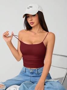 SHEIN PETITE 女款白色緊身圓領透氣基本款背心上衣，免內衣背心上衣，適合嬌小女性 - 酒紅色 - 查看 4